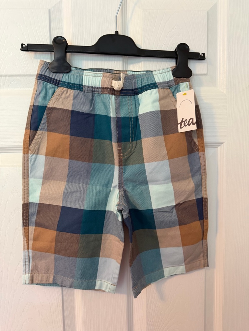Tea Collection Plaid Pull-On Shorts in Blue, Tan & Gray